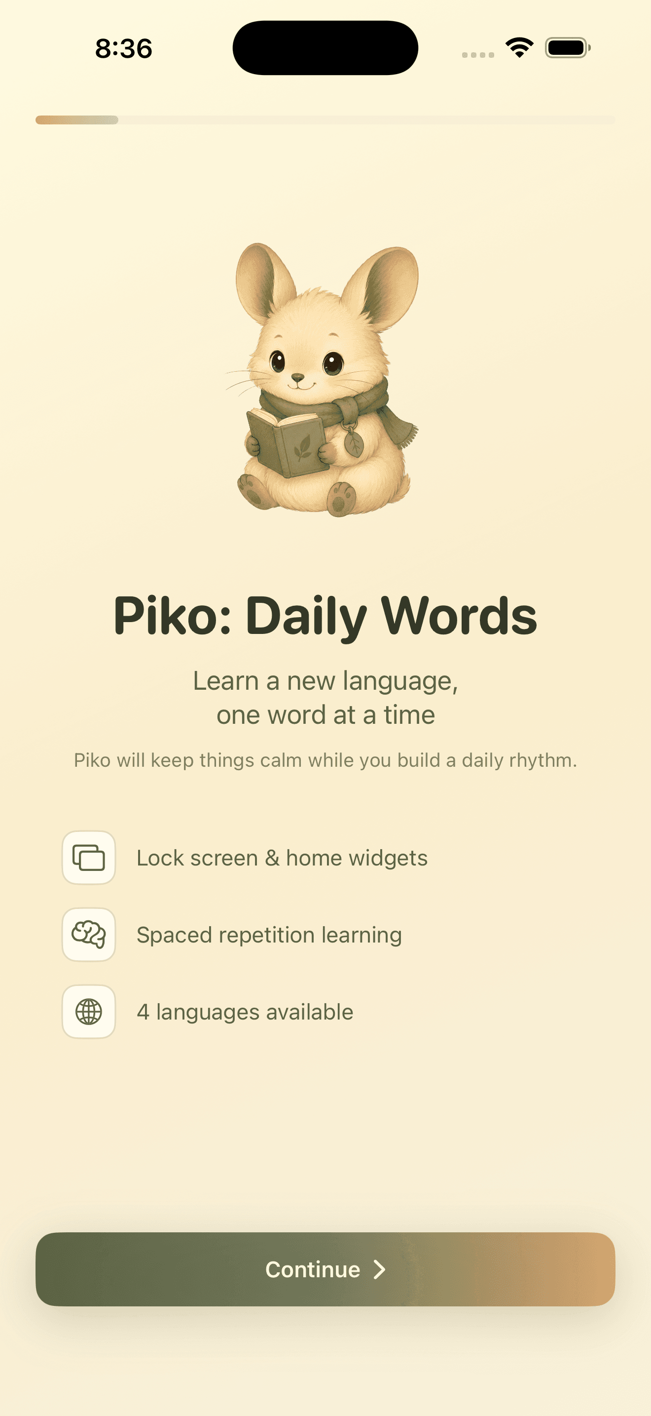 Piko screen explaining onboarding process with a daily word card and progress controls